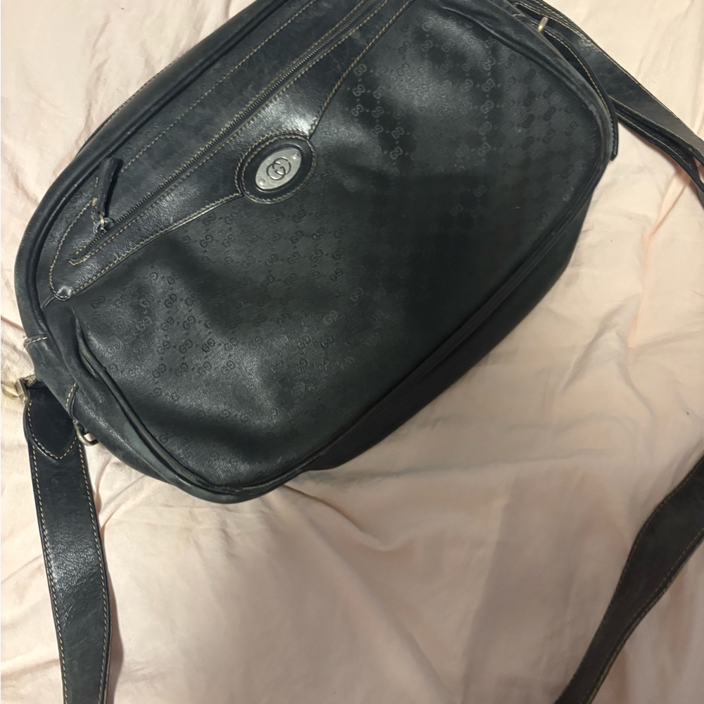 Gucci Vintage Bag Crossbody Shoulder Bag Micro GG Leather Trim Black Authentic